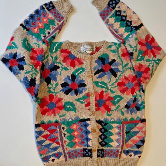 The Eagles Eye Floral Knit Sweater Wool Beige Retro Cottagecore Cardigan L - Picture 10 of 12